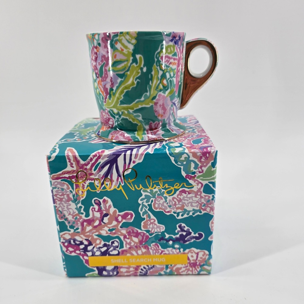 Lilly Pulitzer Shell Search Mug Ceramic Tropical‎ Gold Handle Teal 12oz NWT